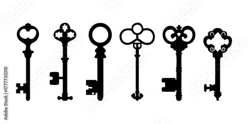 Set of black silhouettes of door keys. Key icon set. Vintage key antique door key isolated on white background. Keys and padlock silhouette. Vector.