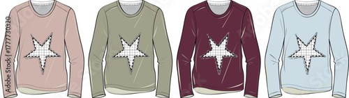 Fashion design technical drawing of a crew neck pullover sweatshirt featuring a large star appliqué, shown in a palette of four different color options for clothing collection mockups