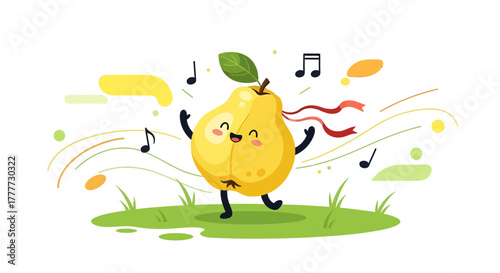 Joyful Quince Fruit Dancing With Musical Notes And Cheerful Expression