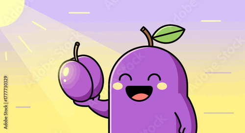 Joyful Purple Character Showing Plums Celebrating Sunny Day With Delightful Smile