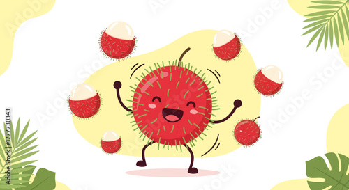 Joyful Rambutan Character Juggling Fruits with Smiling Expression on a Whimsical Background