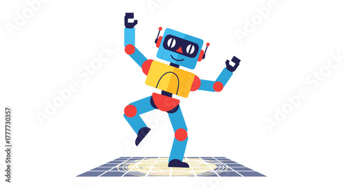 Joyful Robot Animated Dancing On A Grid Platform In Vibrant Colors And Cute Design