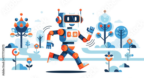 Joyful Robotic Runner in Whimsical Botanical Landscape Illustration Design