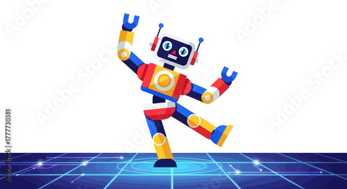 Joyful Robotic Figure Dancing on a Digital Platform with Futuristic Visuals