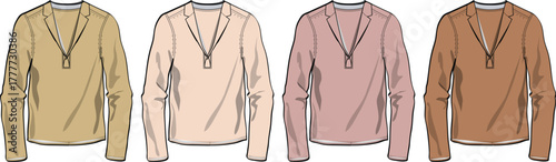 Vector fashion flat sketch set of a women's blouse with long sleeves and a V-neck. Apparel design concept and clothing mock-up template