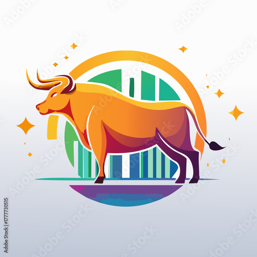 Vibrant Bull Illustration with Financial Chart Background.