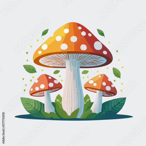 Vibrant cartoon mushrooms with red caps and white spots.