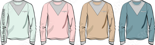Various pastel long-sleeved crew neck t-shirts with subtle v-neck detail and pocket on the left chest