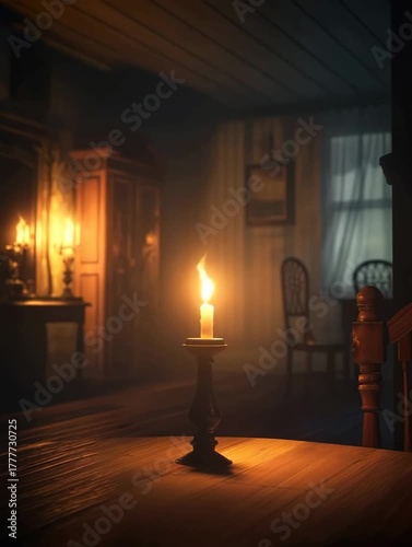 Creepy Candlelight in Haunted House Interior
