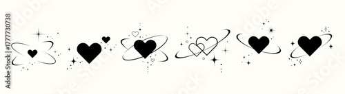 Minimal Heart Icon Set with Stars and Orbit Lines in Y2K Retro Style.Vintage Love Icons stars, sparkles, for tattoo, stickers, merchandise, packaging, branding, romantic graphics. Vector illustration