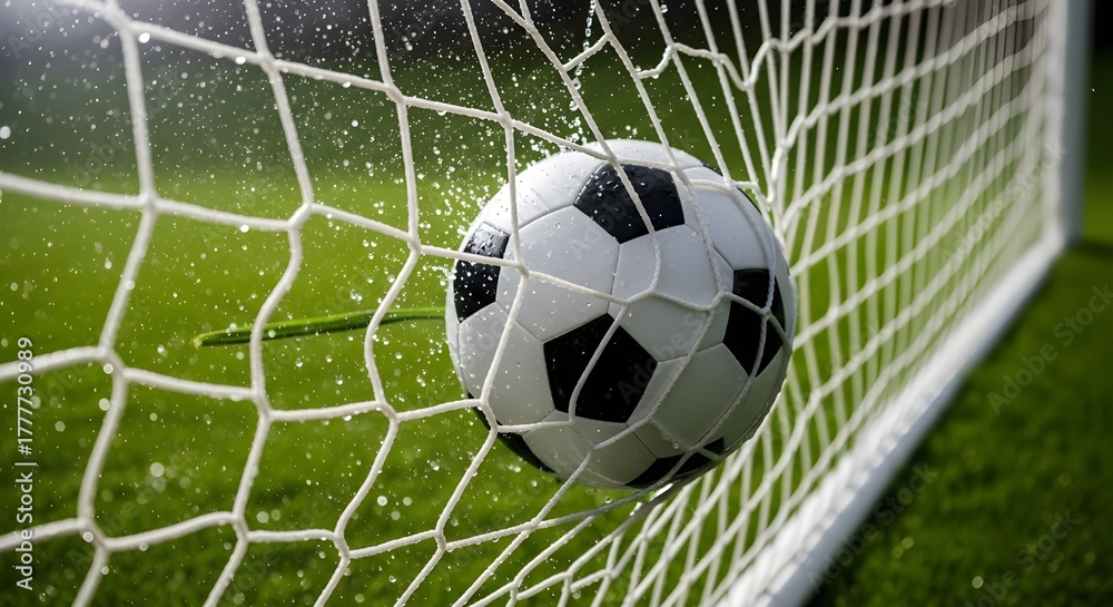 Fototapeta premium Closeup of a soccer ball hitting the net, showcasing the impact and the moment of scoring a goal, with a blurred green field in the background