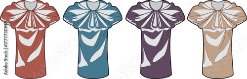 Collection of four stylized dresses featuring ruffled necklines and flowing silhouettes. Presented in diverse colors, these garments are ideal for fashion and cultural design applications