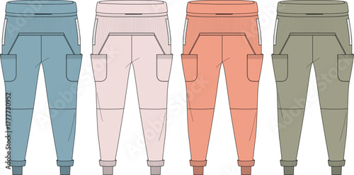 Collection of four stylish jogger pants in different pastel colors for casual wear and active lifestyle