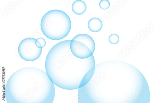 colorful transparent soap bubbles floating in the air, shiny blue spheres with soft light reflections. abstract vector illustration of glossy round shapes and paper like circles.