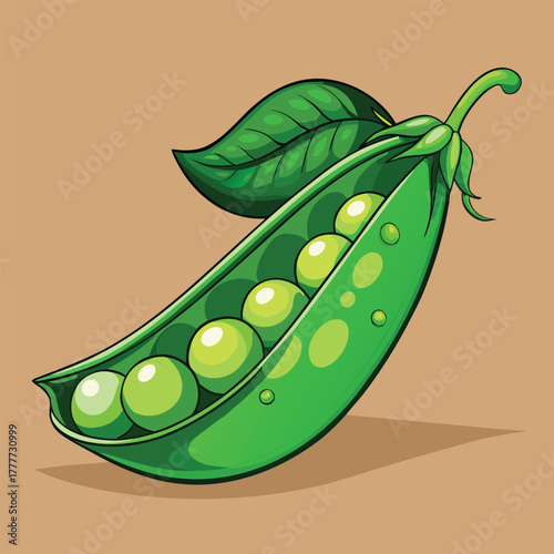 Green pea pod cartoon illustration with leaf and shadow effect
