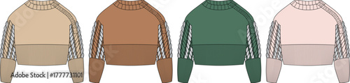 Collection of Four Crew Neck Sweaters in Different Colors Beige, Brown, Green, and Pink