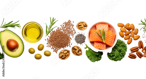 Overhead shot of healthy fats including avocado, olive oil, flax seeds, chia seeds, walnuts, salmon, kale, almonds, pecans, and rosemary isolated on transparent background
