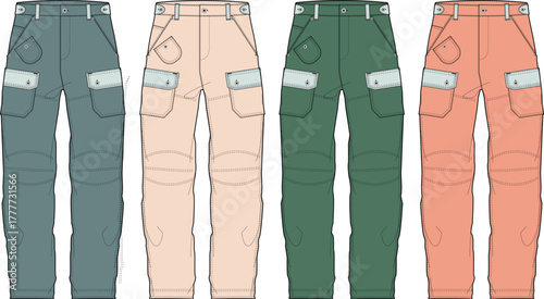 Variety of Fashionable Cargo Pants Designs Showcasing Different Colors and Styles for Apparel