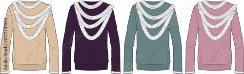 Collection of stylish long-sleeved sweaters with elegant draped neckline details in various modern colors, perfect for fashion design concepts and apparel showcasing