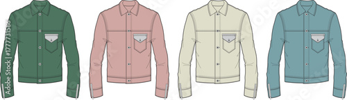 Set of four different colored denim jackets with pockets