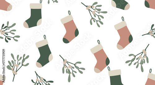 Charming Flat Seamless Pattern with Festive Christmas Stockings and Mistletoe Branches on a White Background for Holiday Designs