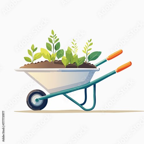 Wheelbarrow full of green plants and soil on a white background.