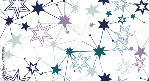 Seamless Flat Design Pattern with Stylized Stars and Network Connections on a White Background for Abstract Graphics