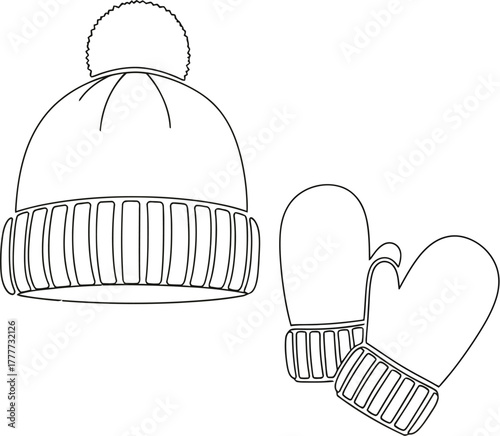 Minimalist line art of winter hat with pompom and mittens on a white background