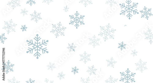 Flat blue falling snowflakes pattern on a clear white background, creating a serene winter concept for seasonal designs and festive themes