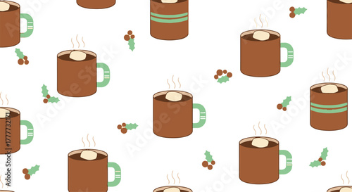 Flat lay seamless pattern of cozy hot chocolate mugs with marshmallows and holly berries, perfect for winter holiday backgrounds