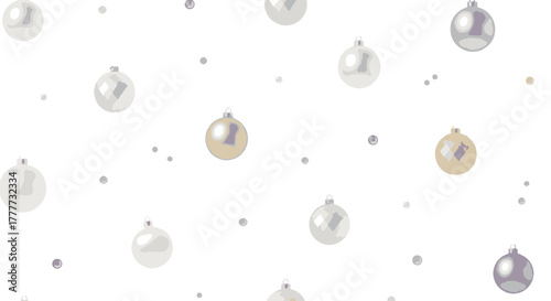 Flat Elegant Winter Holiday Pattern with Delicate Silver and Gold Baubles Scattered on a Clean White Background Design