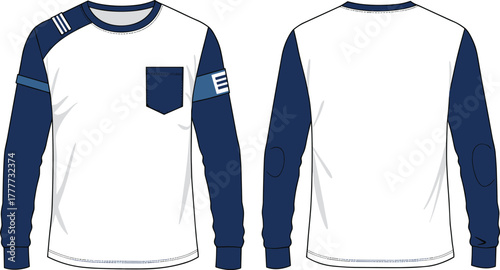 Modern long sleeve shirt, white and navy contrast, fashion apparel, youth style, patch details, casual wear, trendy garment, vector illustration