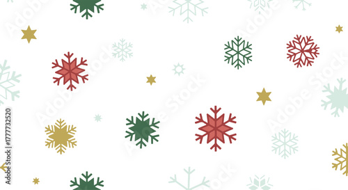Festive Flat Winter Holiday Background with Colorful Snowflakes and Stars Pattern on White