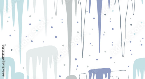 Flat winter background illustration with stylized falling snow and glistening icicles, creating a serene cold season graphic design pattern