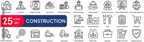 Construction set of web icons in line style. vector illustration concept relate to construction, building, repair, build, crane, builder, design, men at work, industry