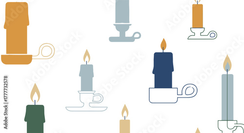 Flat vector seamless pattern of various decorative candles in holders, creating a minimalist and elegant design for backgrounds and festive celebrations