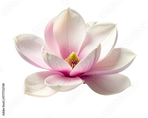 A realistic magnolia flower in full bloom with soft pink-tinted white petals, gentle 