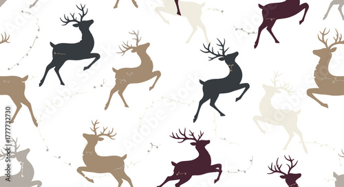 Flat seamless holiday pattern with rustic deer silhouettes in warm earthy tones, ideal for festive winter designs and textiles