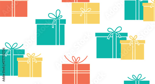 Vibrant flat design seamless pattern of colorful gift boxes with elegant ribbons, ideal for festive celebrations and joyous gifting