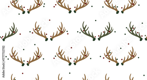 Seamless Flat Pattern with Festive Reindeer Antlers and Winter Berries on White Background - Ideal for Holiday Designs