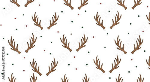 Flat design seamless pattern of cute reindeer antlers with scattered festive dots, perfect for holiday season backgrounds and wrapping paper