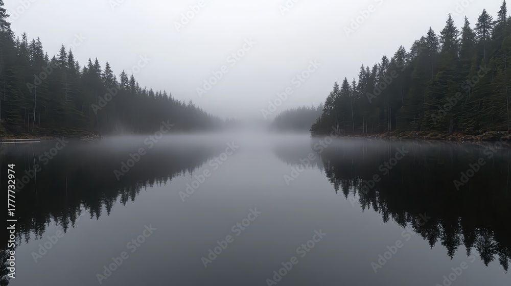 Fototapeta premium Dense fog rolling over a tranquil lake with forest reflections