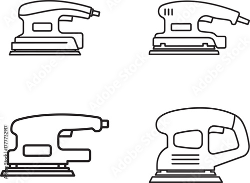 Collection of four different types of electric sanders in a clean line art illustration