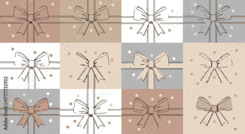 Elegant Flat assortment of diverse hand-drawn gift bows and festive ribbons on a muted background, ideal for decorative design