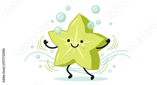 Joyful Starfruit Character Frolicking Amidst Bubbles and Swirling, Playful Airflow Design