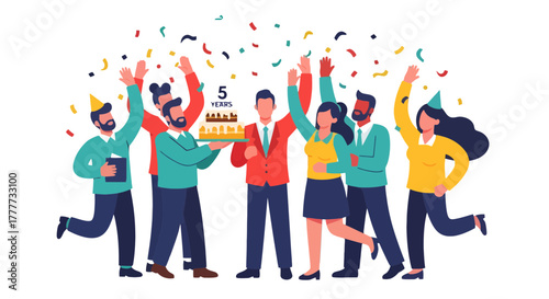 Joyful Team Celebrating Five Years Of Business Success With Cake, Confetti And Elation