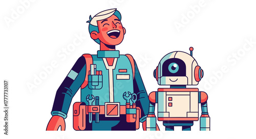 Joyful Technician and Robot: A Friendly Duo Celebrating Technological Advancement