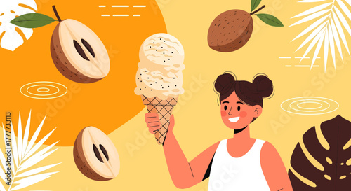Joyful Summer Day: A Woman Relishing Ice Cream Alongside Sapodilla Fruits Illustration