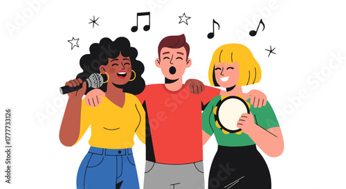 Joyful Trio Singing Together, Enjoying Music and Feeling Happy and Carefree