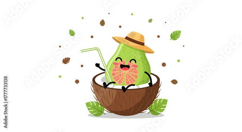 Joyful Tropical Fruit Character Relaxing in a Coconut with a Straw Outdoors